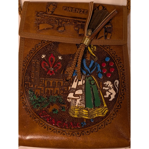 Vintage Firenze Leather Purse Italy Embossed Hand Painted and Tooled Design Read - Picture 2 of 9